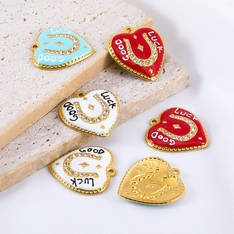 Stainless Steel Heart Horseshoe Pendant Good Luck Rhinestone Enamel Charm For DIY Bracelet Necklace Jewelry Making Accessory