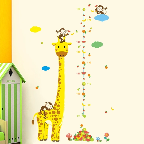 Giraffe Height Growth Chart Wall Sticker Removable PVC Cartoon Animal Monkeys Fruits Decals For Kids Bedroom Nursery