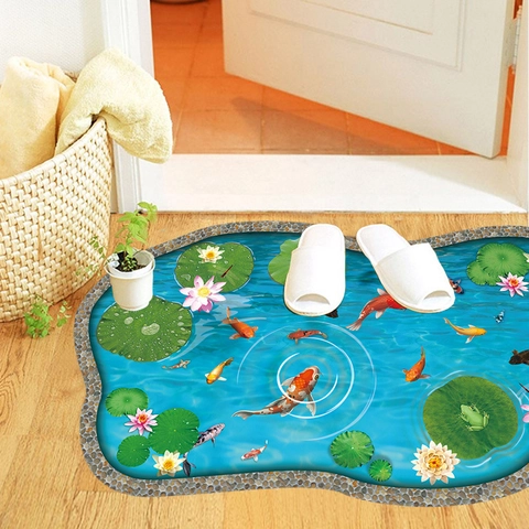 3D Koi Teich Lotus Bodenaufkleber Wasserdicht PVC Abnehmbare Wandtattoo Mit Kieselsteinen Und Fischen Für Haus Badezimmer