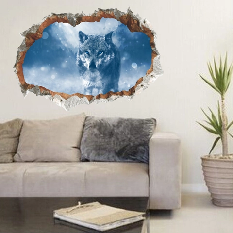 Adesivo Murale 3D Effetto Muro Rotto Creativo Lupo Occhi Blu Foresta Innevata PVC Impermeabile Decorazione Casa Murales