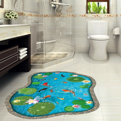 3D Koi Teich Lotus Bodenaufkleber Wasserdicht PVC Abnehmbare Wandtattoo Mit Kieselsteinen Und Fischen Für Haus Badezimmer