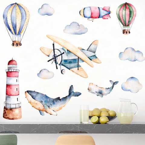Aquarell Flugzeug Wal Heißluftballon Wandtattoo PVC Dekoratives Abziehbild Für Kinderzimmer Kindergarten Dekoration