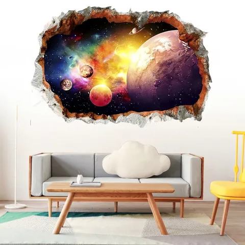 Vinilo de Pared 3D Pared Rota Galaxia Espacio Planetas Impermeable PVC Autoadhesivo Mural para Habitación Infantil Dormitorio Decoración