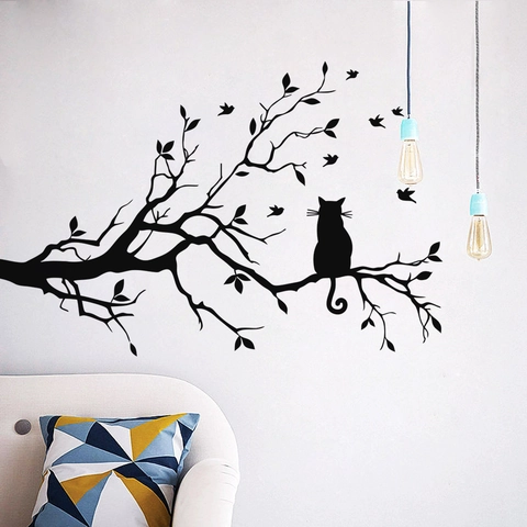 Pegatina de Pared Silueta de Gato Negro En Rama de Árbol Calcomanía Impermeable de PVC Para Sala de Estar Dormitorio