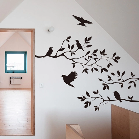 Sticker Mural en PVC Silhouette d'Oiseaux sur Branches Noir Autocollant Décoratif Imperméable pour Salon Chambre Décor