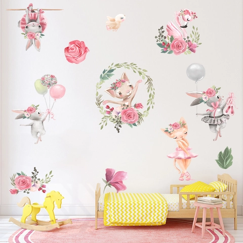 Adesivi Murali Acquerello Coniglio Balletto Gatto Fenicottero PVC Impermeabile Decalcomanie Decorative Per Cameretta Bambini Casa