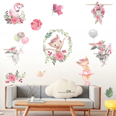 Adesivi Murali Acquerello Coniglio Balletto Gatto Fenicottero PVC Impermeabile Decalcomanie Decorative Per Cameretta Bambini Casa