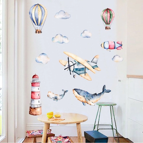 Aquarell Flugzeug Wal Heißluftballon Wandtattoo PVC Dekoratives Abziehbild Für Kinderzimmer Kindergarten Dekoration