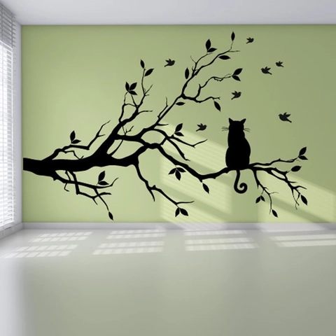 Black Cat Sitting On Tree Branch Bird Silhouette Wall Sticker Waterproof PVC Removable Home Decor For Living Room Bedroom