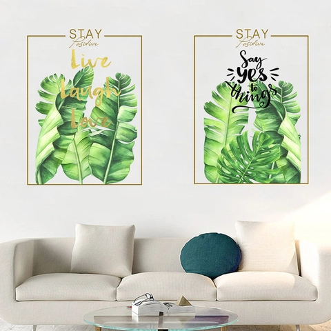Adesivo da Parete Foglie Verdi Tropicali Stile Nordico PVC Con Citazioni Ispiratrici Murale d'Arte Impermeabile Decorazione