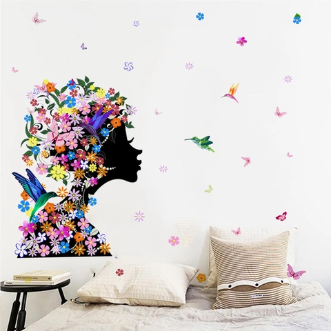 Kreativer Bunter Floral Mädchen Silhouette Wandaufkleber PVC Abnehmbar Schmetterling Kolibri Dekor Für Wohnzimmer Schlafzimmer