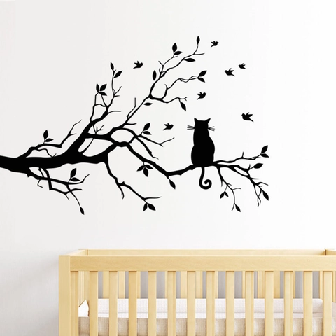 Black Cat Sitting On Tree Branch Bird Silhouette Wall Sticker Waterproof PVC Removable Home Decor For Living Room Bedroom