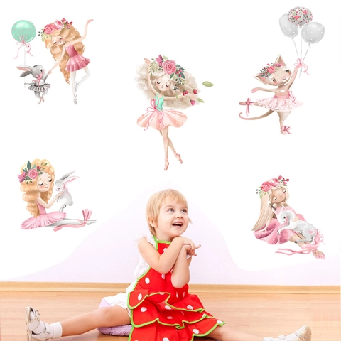 Aquarell Ballettmädchen Wandtattoos Hase Ballon Einhorn Rosa Cartoon Tier Wandsticker Für Kinder Mädchen Kinderzimmer Deko