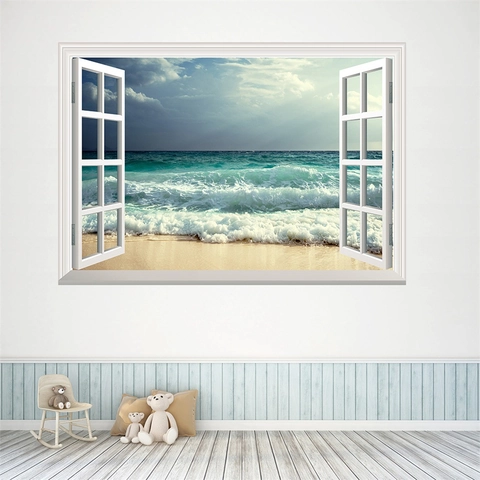 3D Fensteransicht Strand Meereswelle Wandaufkleber PVC Wasserdicht Abnehmbar Landschaft Wandbild Für Wohnzimmer Schlafzimmer Deko