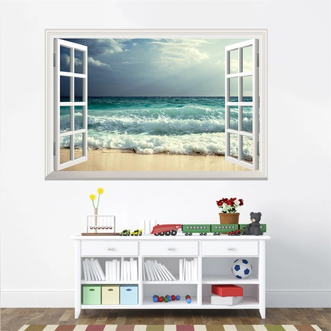 3D Fensteransicht Strand Meereswelle Wandaufkleber PVC Wasserdicht Abnehmbar Landschaft Wandbild Für Wohnzimmer Schlafzimmer Deko