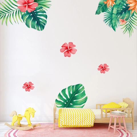 Nordisch Tropisch Grüne Blätter Rote Hibiskus Blumen Wandtattoo PVC Abnehmbar Wasserdicht DIY Wandaufkleber Für Wohnzimmer Schlafzimmer Home Deko
