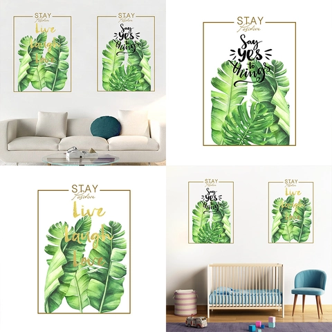 Adesivo da Parete Foglie Verdi Tropicali Stile Nordico PVC Con Citazioni Ispiratrici Murale d'Arte Impermeabile Decorazione