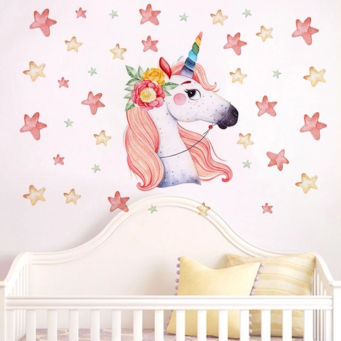 Nordic Minimalist Hand Painted Watercolor Unicorn Wall Sticker Rainbow Flowers Stars PVC Waterproof Decal For Kids Room Decor