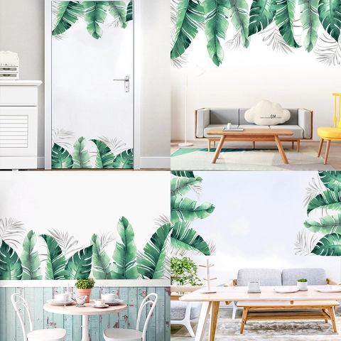 Tropical Green Leaf Wall Stickers PVC Waterproof Palm Banana Leaves Decor For Living Room Bedroom Kitchen Home Wall Decals