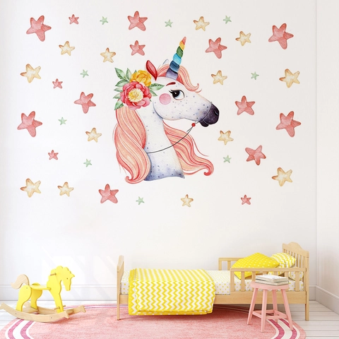 Nordic Minimalist Hand Painted Watercolor Unicorn Wall Sticker Rainbow Flowers Stars PVC Waterproof Decal For Kids Room Decor
