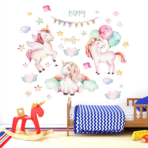 Stickers Muraux Licorne Arc-en-Ciel Aquarelle Nordique pour Décoration de Garderie PVC Imperméable Amovible Animal Coeur Étoiles Décalcomanies