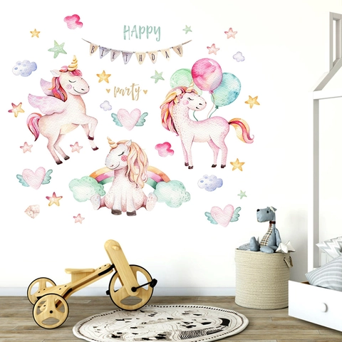 Stickers Muraux Licorne Arc-en-Ciel Aquarelle Nordique pour Décoration de Garderie PVC Imperméable Amovible Animal Coeur Étoiles Décalcomanies