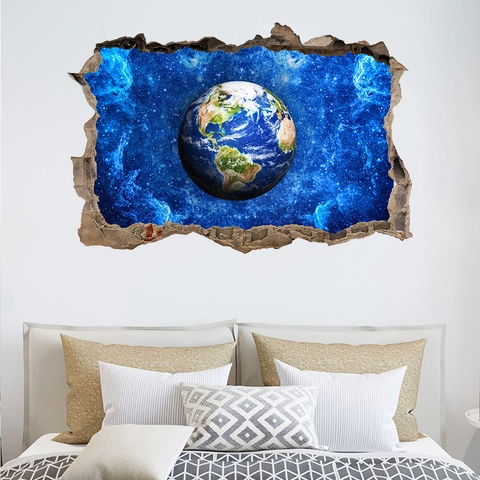 Pegatina de Pared 3D Tierra Galaxia Efecto Pared Rota PVC Removible Calcomanía Espacial para Habitación de Niños Sala de Estar Dormitorio