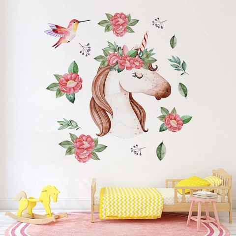 Pegatinas de Pared Nórdicas Minimalistas Acuarela Unicornio Floral Pájaro Impermeables PVC Calcomanías Decorativas Para Habitación Infantil