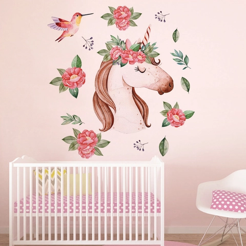 Pegatinas de Pared Nórdicas Minimalistas Acuarela Unicornio Floral Pájaro Impermeables PVC Calcomanías Decorativas Para Habitación Infantil