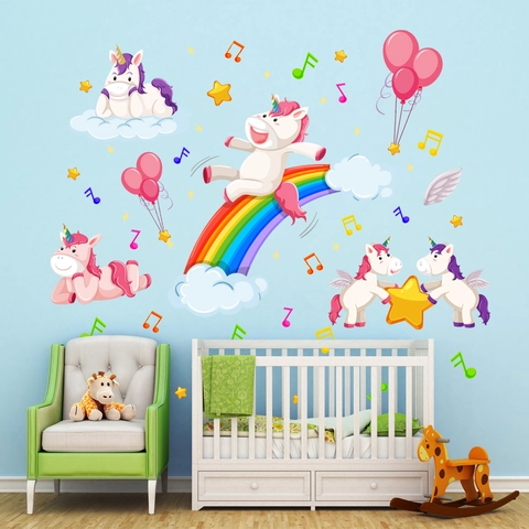 Cartoon Unicorn Rainbow Wall Stickers For Kids Room Decoration Removable PVC Waterproof Music Note Star Pink Balloon Decal