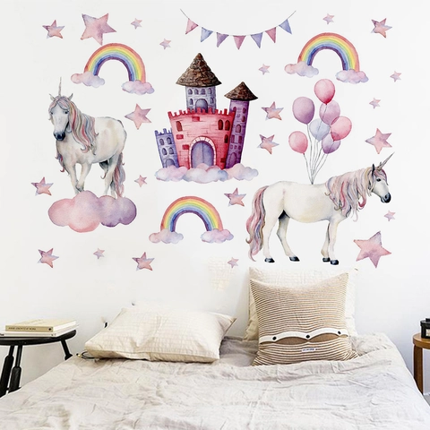 Pegatinas de Pared de Unicornio Castillo Arcoíris Acuarela Cuento de Hadas PVC Vinilos para Habitación Infantil Niñas Bebés Hogar