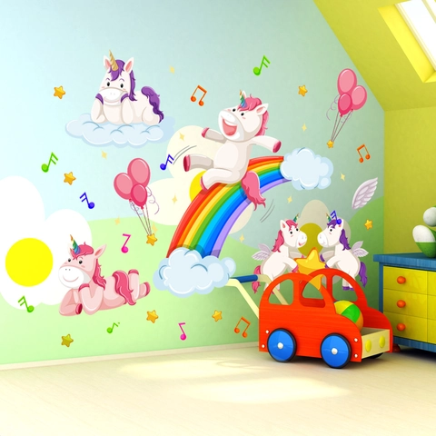 Cartoon Unicorn Rainbow Wall Stickers For Kids Room Decoration Removable PVC Waterproof Music Note Star Pink Balloon Decal