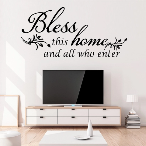 Bless This Home Citaat Adhesivo de Pared PVC Vinilo Letras Negras Patrón Vides Calcomanía para Sala de Estar Dormitorio