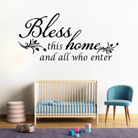 Bless This Home Citaat Adhesivo de Pared PVC Vinilo Letras Negras Patrón Vides Calcomanía para Sala de Estar Dormitorio