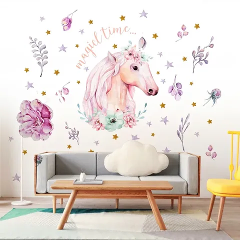 Aquarel Eenhoorn Bloem Muurstickers Met Sterren Magic Time Citaten PVC Waterdichte Stickers Voor Kinderkamer Decoratie