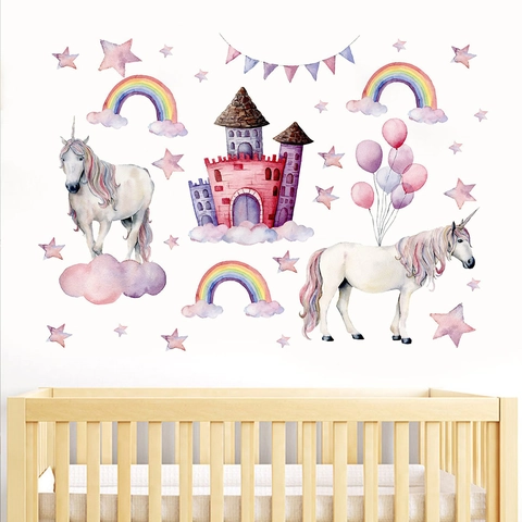Pegatinas de Pared de Unicornio Castillo Arcoíris Acuarela Cuento de Hadas PVC Vinilos para Habitación Infantil Niñas Bebés Hogar