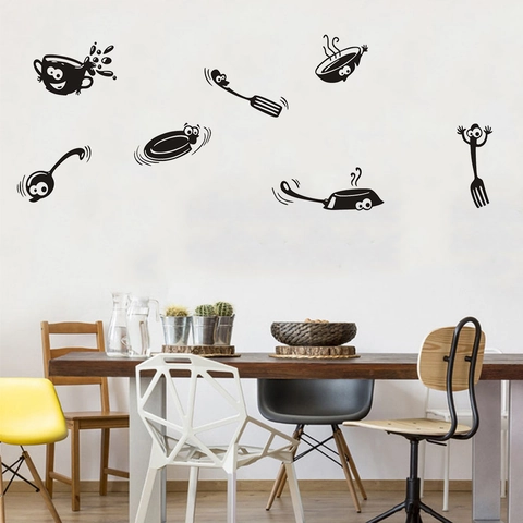 Cartoon Kitchen Utensils Personified Wall Sticker Waterproof Black PVC Coffee Cup Fork Decal For Kitchen Dining Room Decor