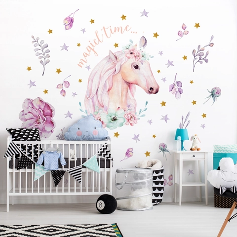 Aquarel Eenhoorn Bloem Muurstickers Met Sterren Magic Time Citaten PVC Waterdichte Stickers Voor Kinderkamer Decoratie