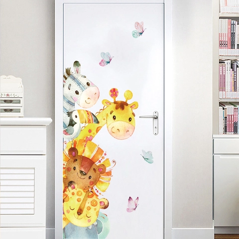 Pegatinas De Pared De Animales De Dibujos Animados En Acuarela PVC Removible Jirafa León Cebra Mariposa Para Habitación Niños