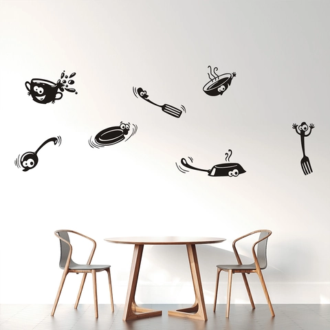 Cartoon Kitchen Utensils Personified Wall Sticker Waterproof Black PVC Coffee Cup Fork Decal For Kitchen Dining Room Decor