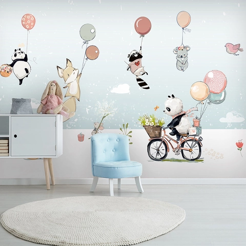 Cartoon Animal Wall Stickers Panda Fox Raccoon Koala Balloons Waterproof PVC Removable Wall Decals For Kids Room Decor