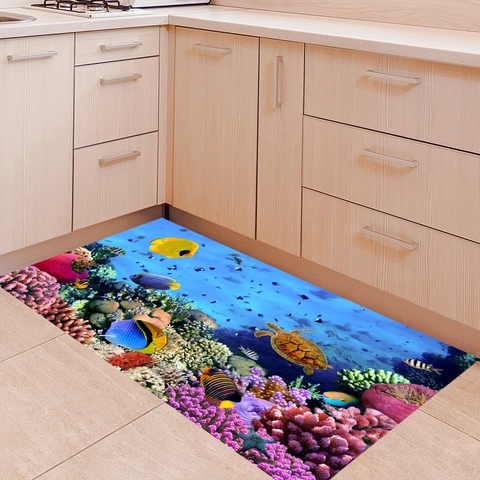 Sticker Mural 3D Vie Marine Tortue Corail Imperméable PVC Décalcomanie de Sol Pour Salle de Bain Salon Chambre Décoration