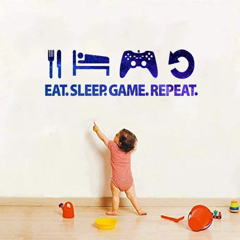Eat Sleep Game Repeat Muursticker PVC Sterrenhemel Spelcomputer Icoon Waterdichte Sticker Voor Kinderkamer Game Room Decoratie