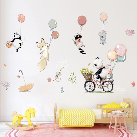 Cartoon Animal Wall Stickers Panda Fox Raccoon Koala Balloons Waterproof PVC Removable Wall Decals For Kids Room Decor