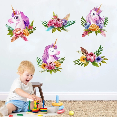 Watercolor Unicorn And Flower Wall Stickers For Kids Room Bedroom Decor PVC Waterproof Cartoon Nursery Wall Decal