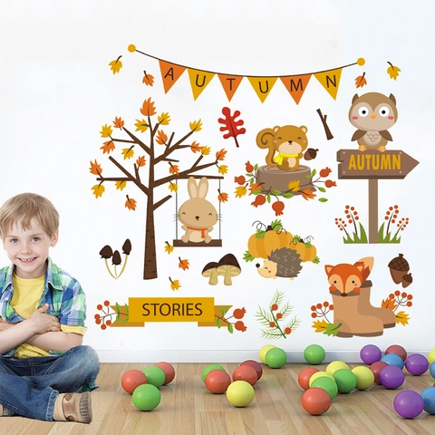 Herfst Bosdieren Muurstickers Vos Eekhoorn Konijn PVC Waterdicht Cartoon Stickers Voor Kinderkamer Huis Decoratie