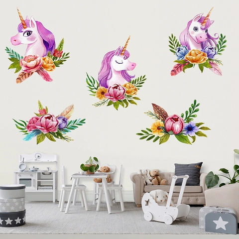 Watercolor Unicorn And Flower Wall Stickers For Kids Room Bedroom Decor PVC Waterproof Cartoon Nursery Wall Decal