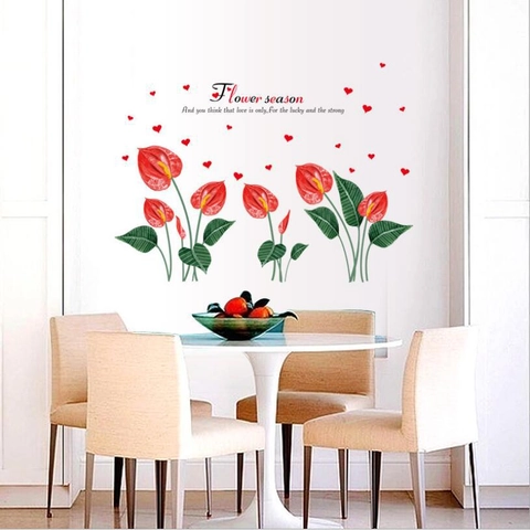 Vinilos de Pared de PVC Removibles Flores de Anturio Rojo Corazón Hoja Diseño Botánico Calcomanía de Pared para Sala de Estar Dormitorio Decoración del Hogar