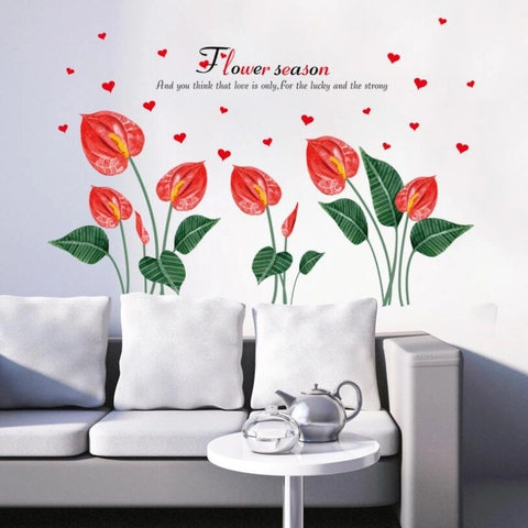 Vinilos de Pared de PVC Removibles Flores de Anturio Rojo Corazón Hoja Diseño Botánico Calcomanía de Pared para Sala de Estar Dormitorio Decoración del Hogar