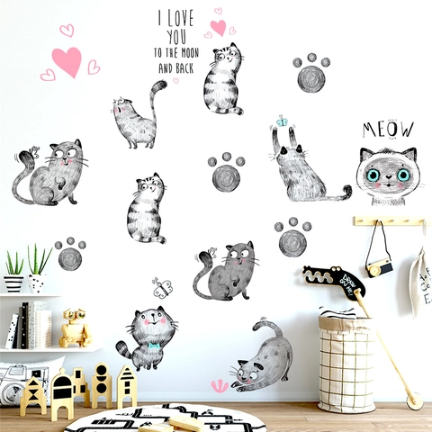 Hand Drawn Cartoon Cat Wall Stickers For Kids Room Bedroom Living Room Waterproof PVC DIY Cat Heart Decal Home Decor